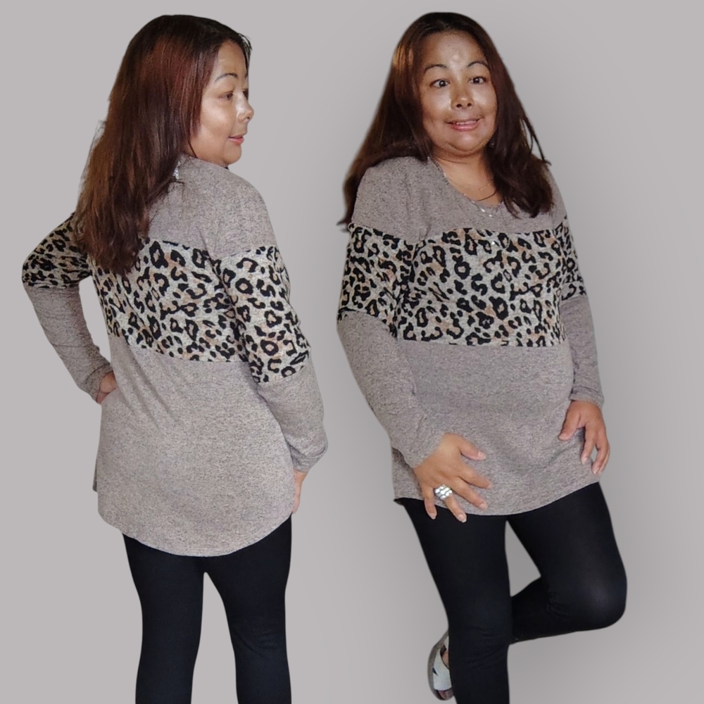24/7 Maurices Women's Heather Gray Leopard Print Color Block Long Sleeve Tunic M